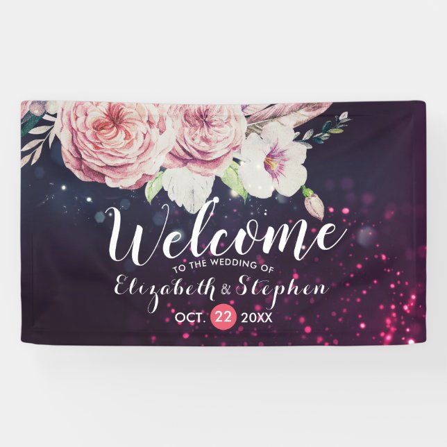 Wedding Welcome Boho Floral Feather Purple Lights Banner (Horizontal)