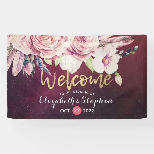 Wedding Welcome Boho Floral Feathers Burgundy Red Banner (Horizontal)