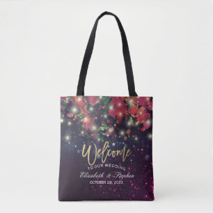 Wedding Welcome Burgundy Red Floral String Lights Tote Bag
