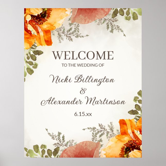 Wedding Welcome Burnt Orange Floral Names Date Poster (Front)