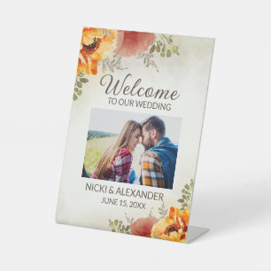 Wedding Welcome Burnt Orange Floral Photo  Pedestal Sign