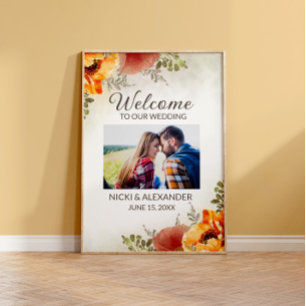 Wedding Welcome Burnt Orange Floral Photo  Poster