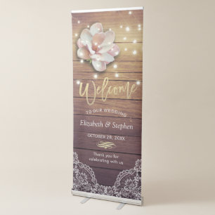 Wedding Welcome Chic Floral String Light Wood Lace Retractable Banner