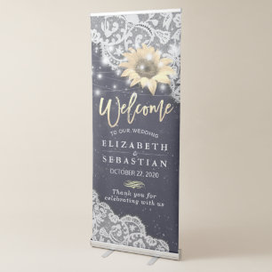Wedding Welcome Chic Lace Sunflowers String Lights Retractable Banner