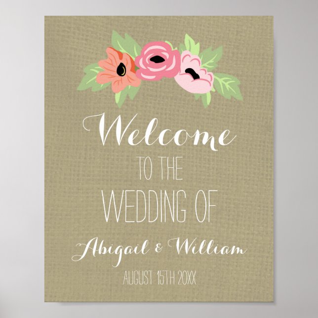 Wedding Welcome Custom Sign Burlap Spring Floral (Front)