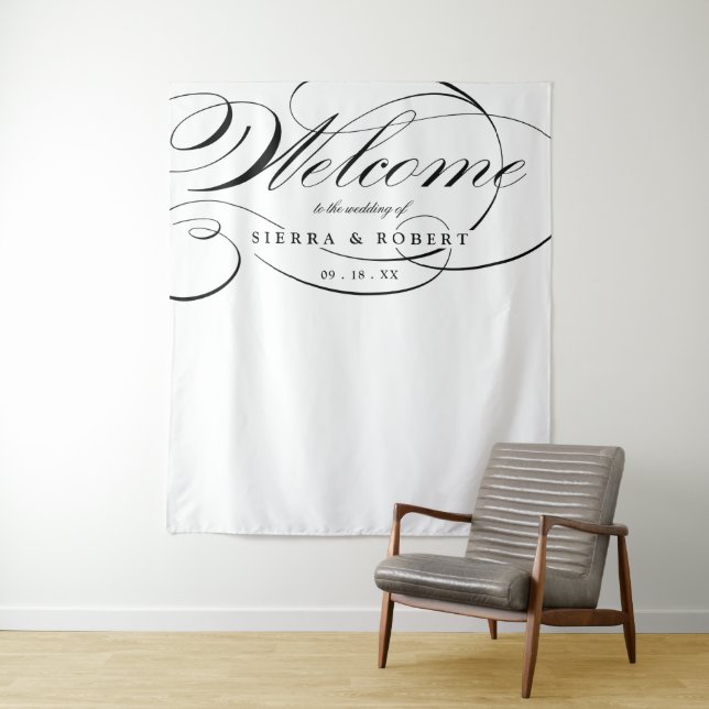 Wedding Welcome Elegant Fancy Script Backdrop Tapestry (In Situ)