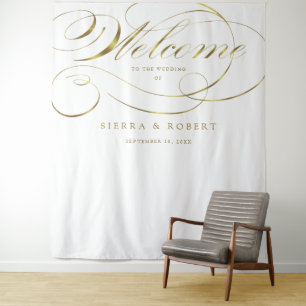 Wedding Welcome Elegant Faux Gold Foil Script Tapestry