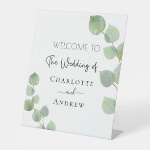 Wedding welcome eucalyptus greenery names pedestal sign