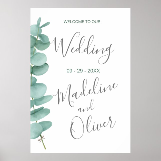 Wedding Welcome Eucalyptus Leaves Simple Green Poster (Front)