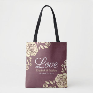 Wedding Welcome Favour Chic Gold Roses Burgundy Re Tote Bag