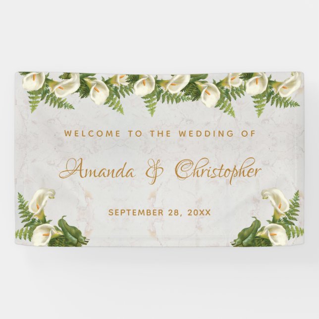 Wedding Welcome Floral White Calla Lilies Marble Banner (Horizontal)