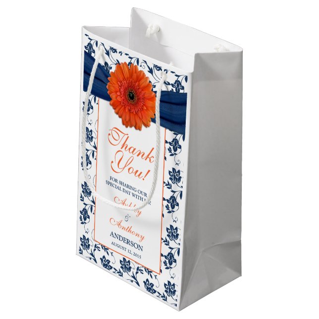 Wedding Welcome Gift Bag Orange Daisy Navy Damask (Back Angled)