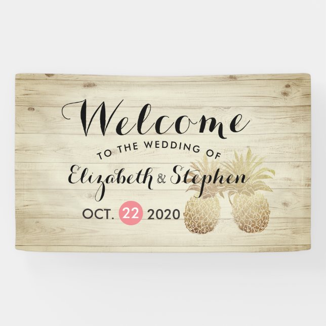 Wedding Welcome Gold Pineapple Couple Rustic Wood Banner (Horizontal)