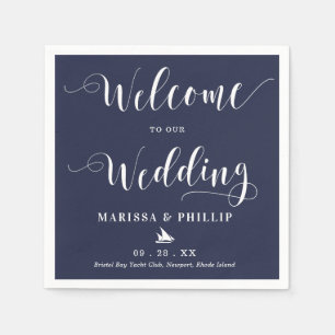 Wedding Welcome Handwritten Nautical Navy Blue Napkin