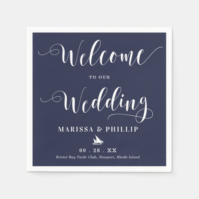 Wedding Welcome Handwritten Nautical Navy Blue Napkin (Front)