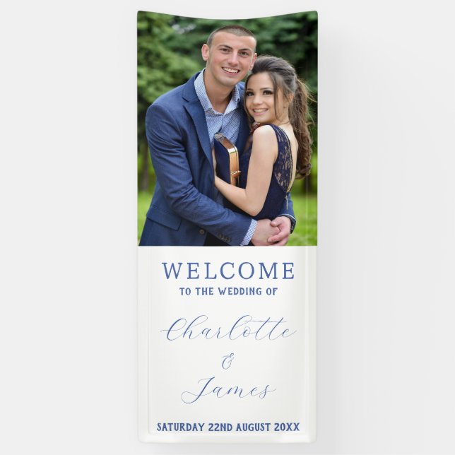 Wedding Welcome Happy Couple Photo Blue And White Banner (Vertical)