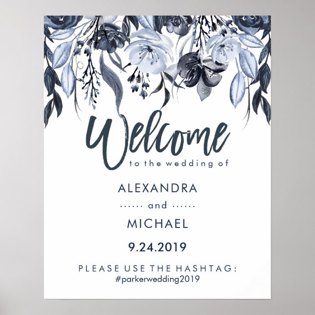 Wedding Welcome Hashtag | Dark Blue Floral Poster (Front)