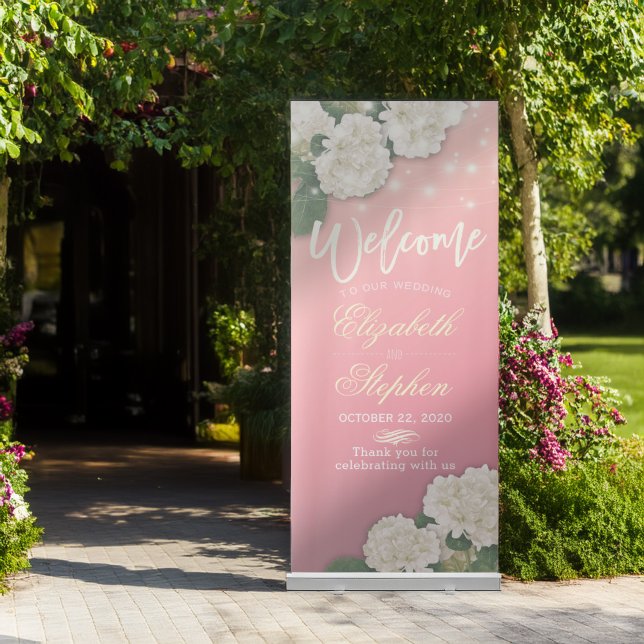 Wedding Welcome Hydrangea Flower String Light Pink Retractable Banner (Creator Uploaded)