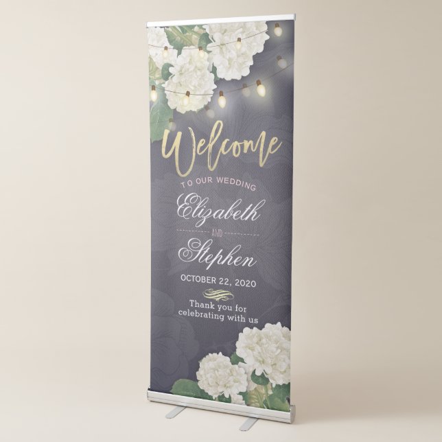 Wedding Welcome Hydrangea Flowers String Lights Retractable Banner (3/4)