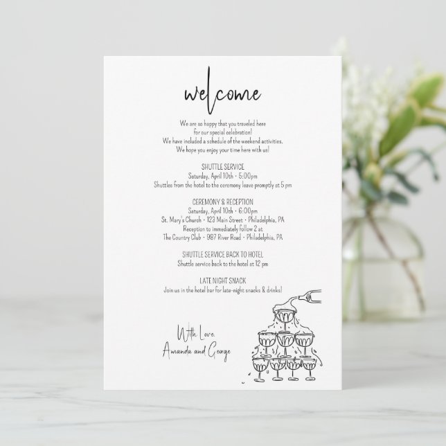Wedding Welcome Itinerary champagne tower  Holiday Card (Standing Front)