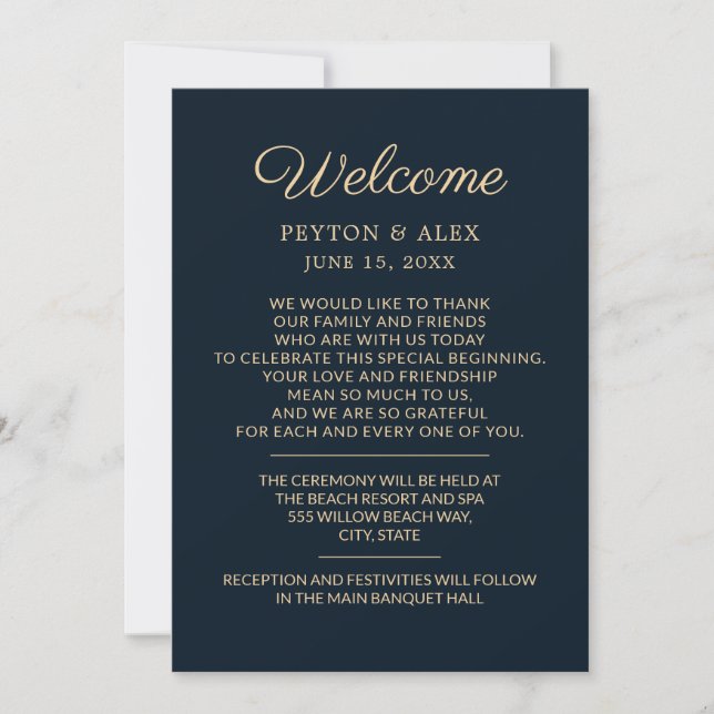Wedding Welcome Itinerary Navy Blue Tan (Front)