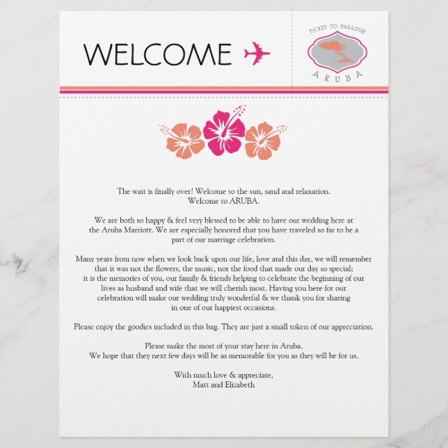 Wedding Welcome Letter for Aruba (Front)