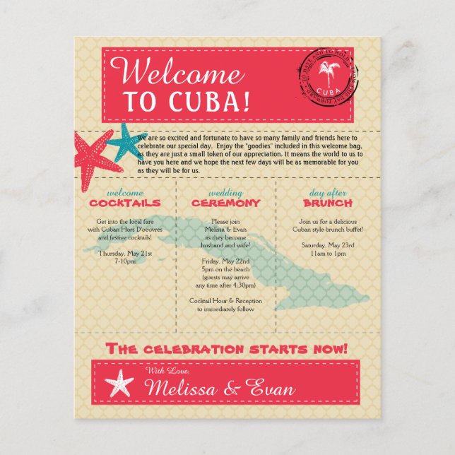 Wedding Welcome Letter for Cuba Red Teal (Front)