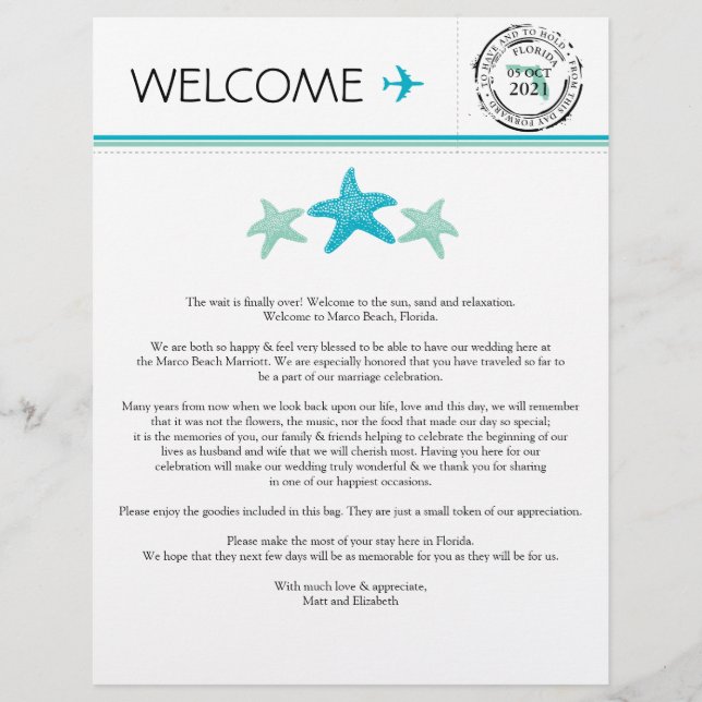 Wedding Welcome Letter for Florida (Front)