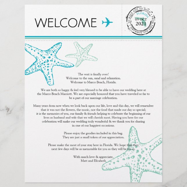 Wedding Welcome Letter for Florida (Front)