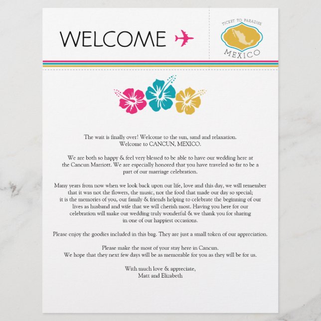 Wedding Welcome Letter for Mexico (Front)