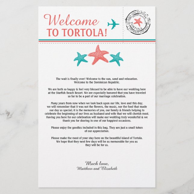 Wedding Welcome Letter for Riviera Maya Mexico (Front)