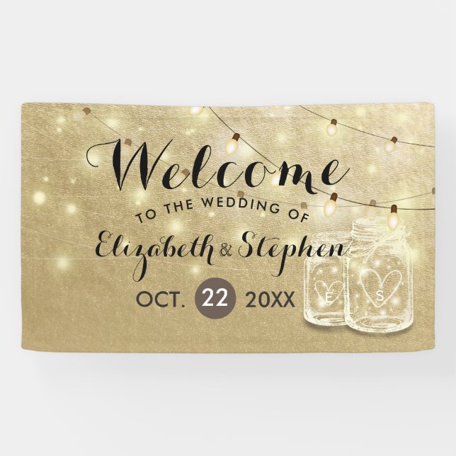 Wedding Welcome Mason Jar String Lights Gold Foil Banner (Horizontal)