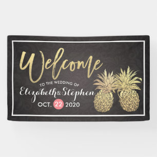 Wedding Welcome Modern Black Gold Pineapple Couple Banner