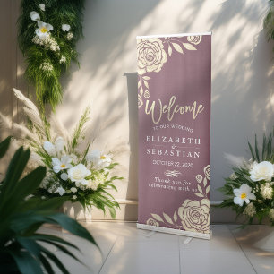 Wedding Welcome Modern Golden Roses Burgundy Red Retractable Banner