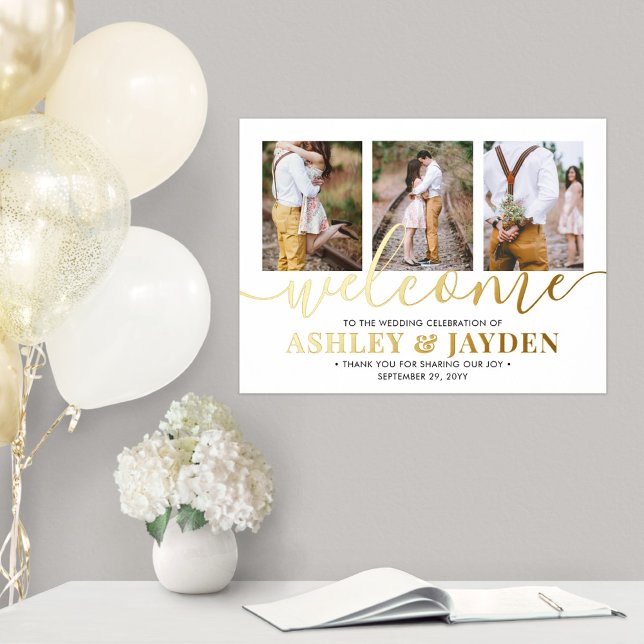 Wedding Welcome Modern Script 3 Photo Collage Foil Prints (Creator Uploaded)