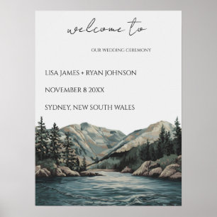 Wedding Welcome Mountain Lake Pine Tree Watercolor Poster