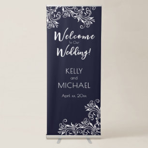 Wedding Welcome Navy and White Elegant  Retractable Banner
