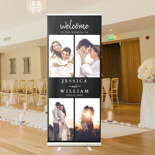 Wedding Welcome Photo Collage Black Retractable Banner (Make a grand entrance and warmly welcome your guests with this elegant wedding retractable banner!)