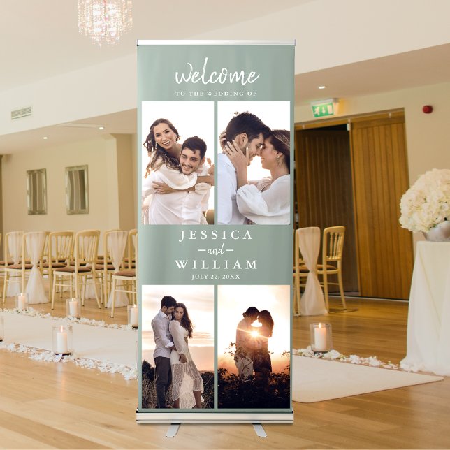 Wedding Welcome Photo Collage Sage green Retractable Banner (Make a grand entrance and warmly welcome your guests with this elegant wedding retractable banner!)