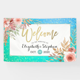 Wedding Welcome Pink Flowers Teal & Gold Confetti Banner