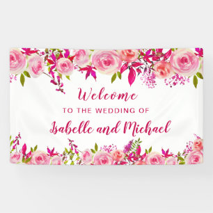 Wedding Welcome Pink Rose Berry Watercolor Floral Banner