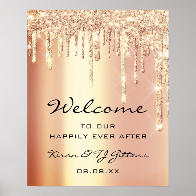Wedding Welcome Poster  Gold Rose Drips (Front)