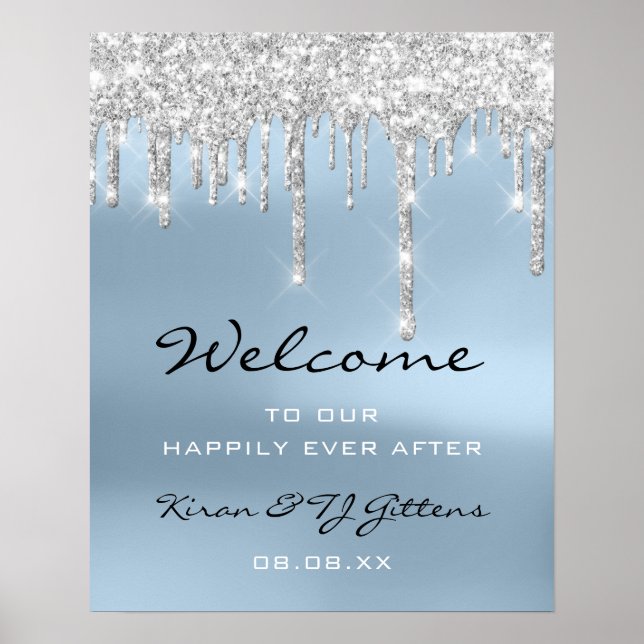 Wedding Welcome Poster Silver Gray Drips Blue (Front)