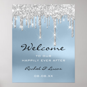 Wedding Welcome Poster Silver Grey Drips Blue