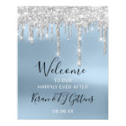 Wedding Welcome Poster Silver Grey Drips Blue