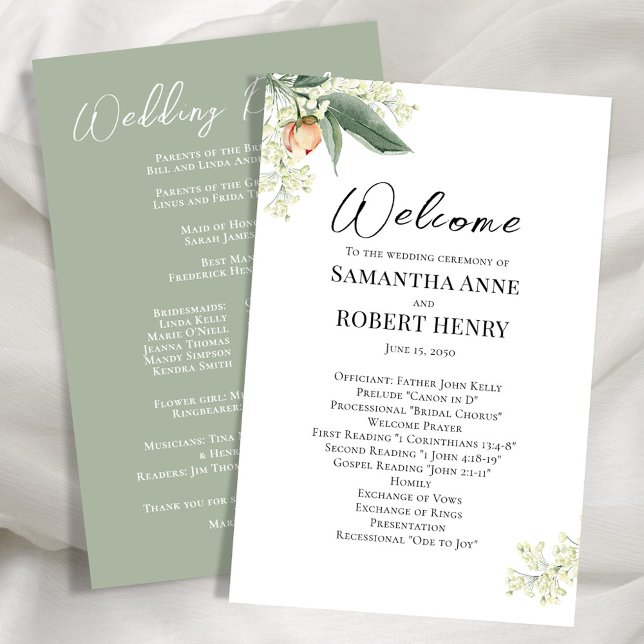 Wedding Welcome Program Floral Green Script (Peach floral design with green background. )