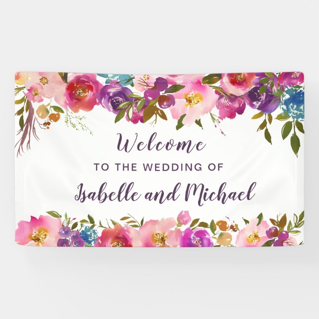 Wedding Welcome Purple and Pink Watercolor Floral Banner (Horizontal)