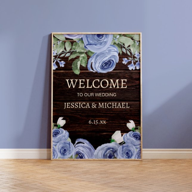Wedding Welcome Rustic Wood Blue Floral  Poster (Rustic wood, string lights, and dusty blue flowers wedding welcome sign)