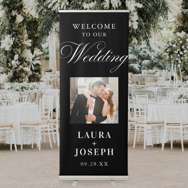 Wedding Welcome Script Calligraphy Elegant Photo Retractable Banner (Elegant calligraphy photo banner creates a warm welcome and memorable first impression.)