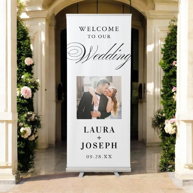 Wedding Welcome Script Calligraphy Elegant Photo Retractable Banner (Elegant calligraphy photo banner creates a warm, stylish welcome for your wedding.)